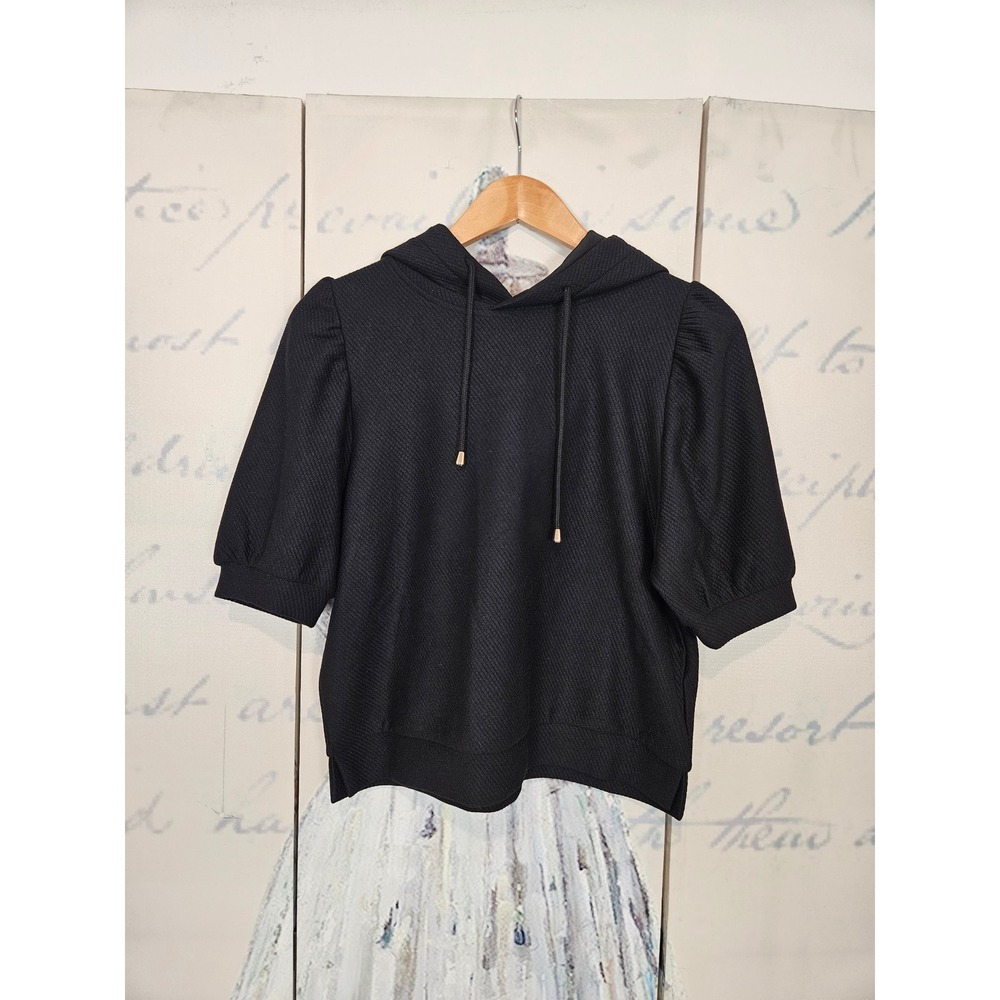 SSYS The‎ Label Hoodie Small Black Puff Sleeve Textured Short Sleeve Drawstring